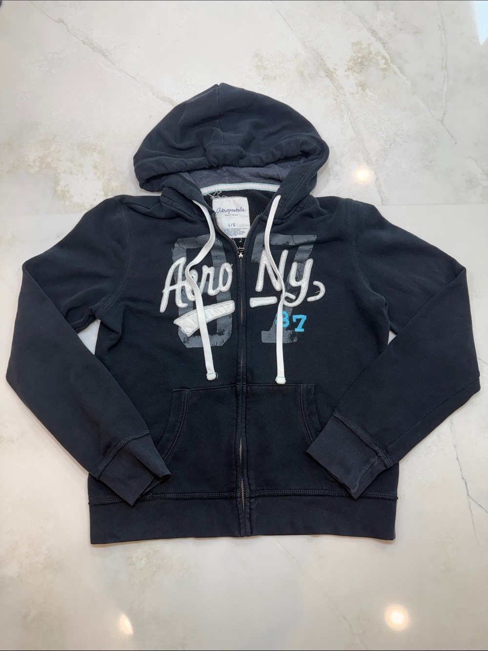 Aeropostale Kids Navy Blue Zip-Up Hoodie with White Drawstrings